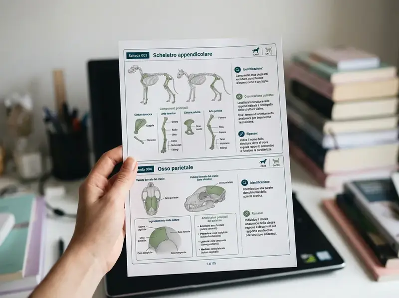 Una mano tiene una scheda A4 di anatomia veterinaria stampata