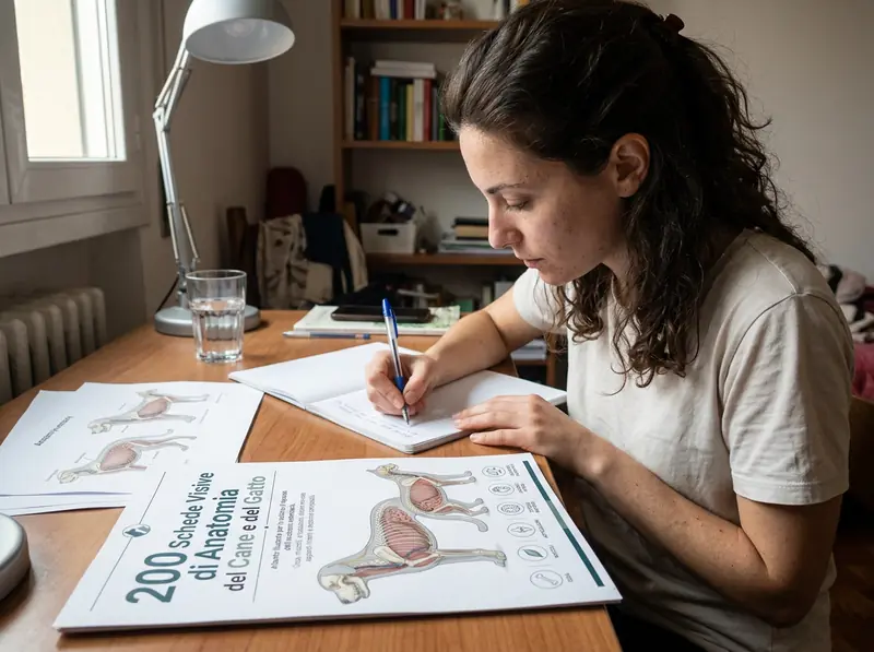Una donna italiana studia con le schede visive di anatomia del cane e del gatto stampate