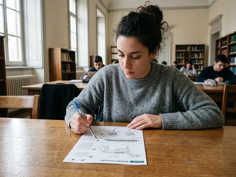 Una studentessa italiana studia una scheda stampata in biblioteca