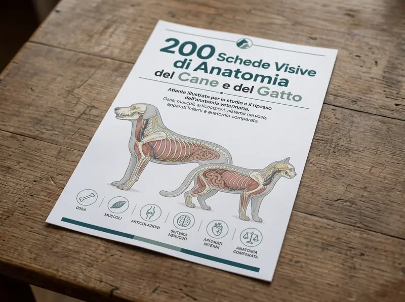 Le 200 schede visive di anatomia del cane e del gatto stampate in formato A4 su un tavolo