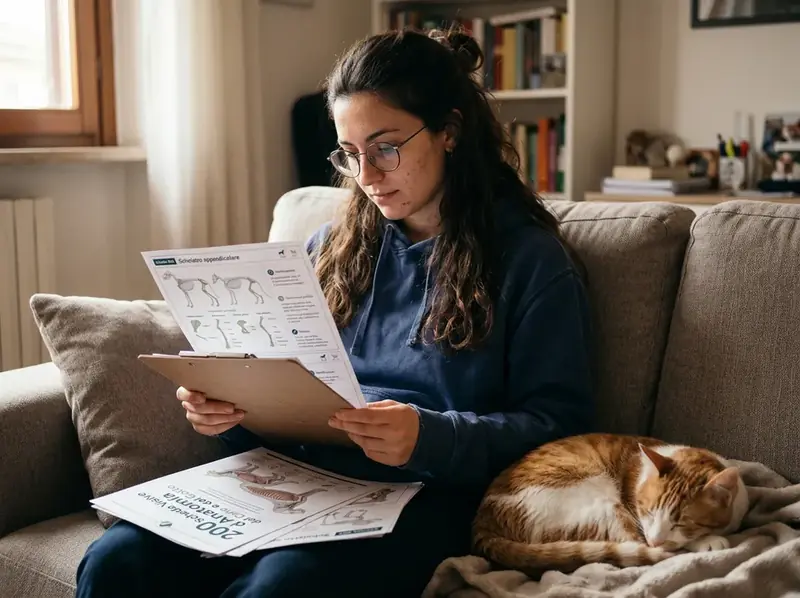 Una studentessa italiana ripassa le schede stampate sul divano